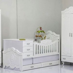 تخت خواب دومنظوره نوزاد نوجوان به همراه کمد و ویترین شیک رنگ سفید
