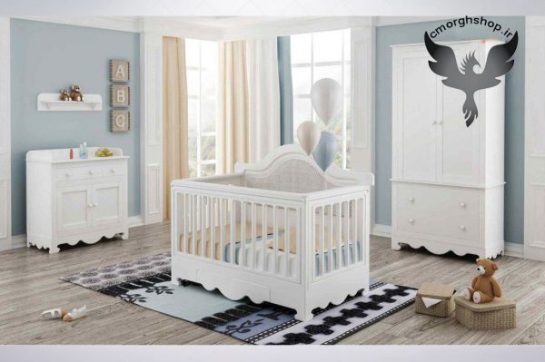 اسنتثنایی ترین سرویس خواب نوزادبه همراه کنسول کمد شلف دیواری رنگ سفید